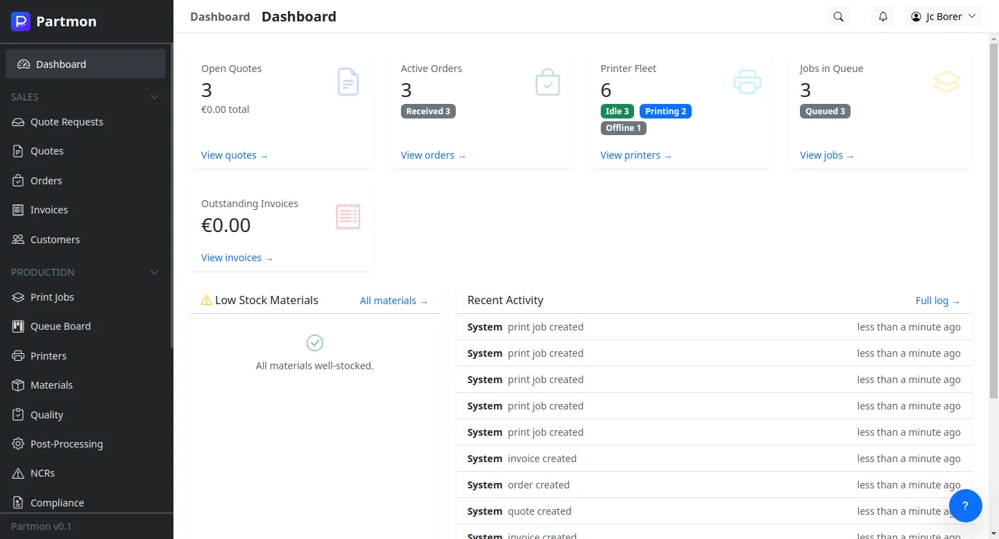 Partmon dashboard showing fleet status, recent activity, and key metrics